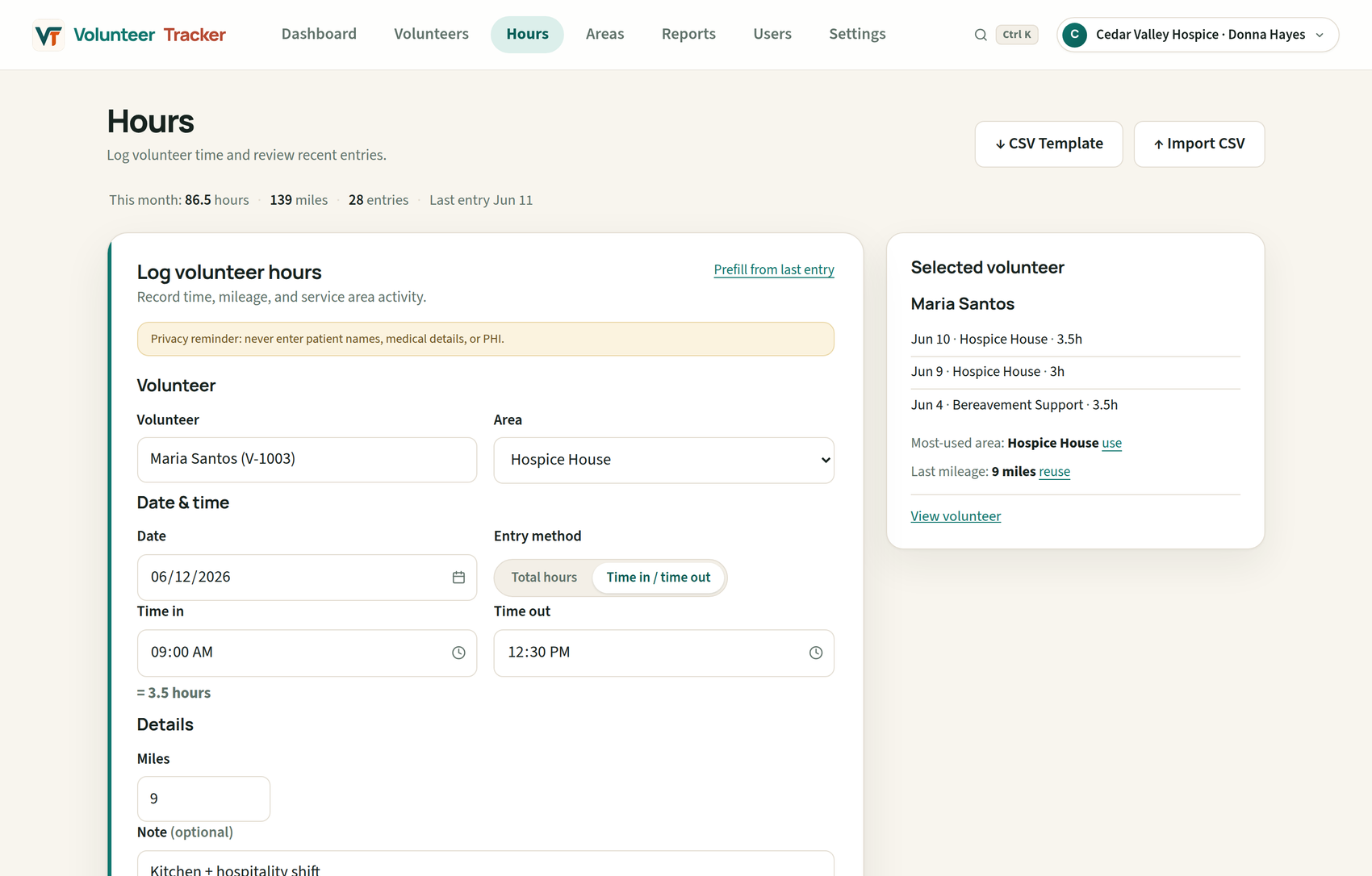 Volunteer Tracker hour entry form with time in and time out auto-calculating 3.5 hours, and a selected-volunteer context panel showing recent entries