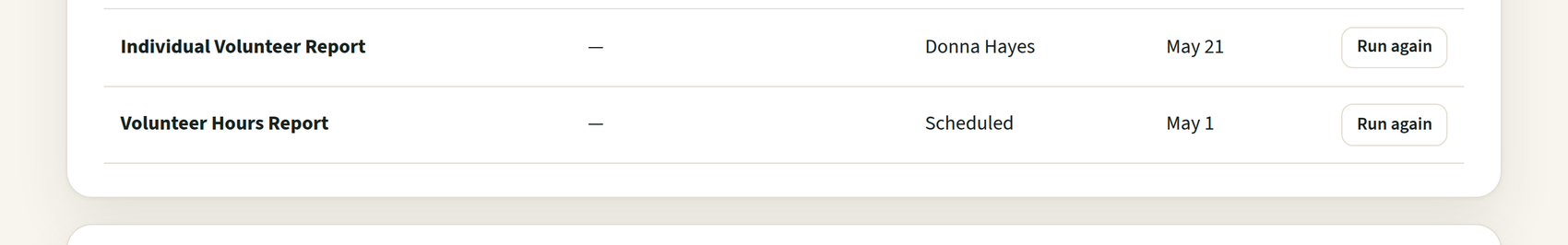 Scheduled reports panel in Volunteer Tracker showing a monthly hours report and a quarterly recognition report emailed automatically to leadership